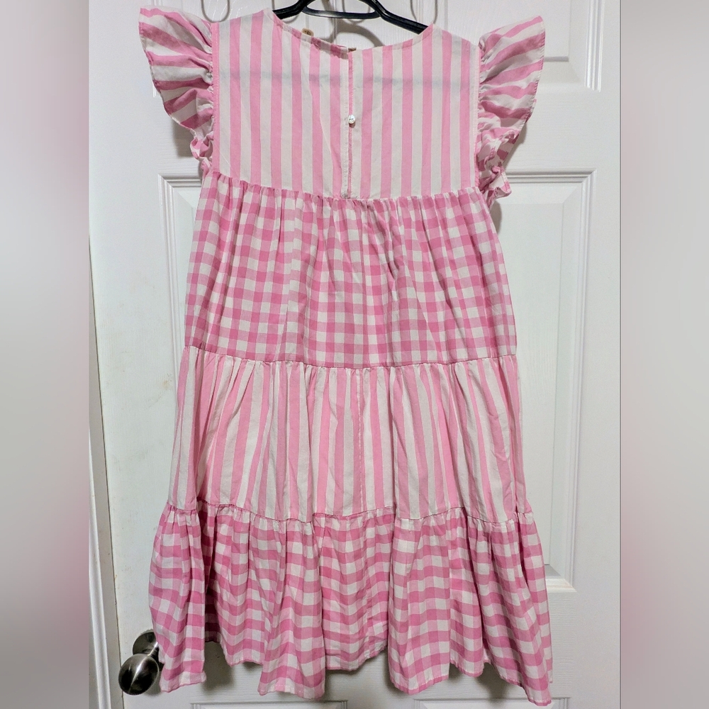 Entro Pink Mixed Stripe Gingham Tiered Flutter Sleeve Dress Small Romantic - Picture 4 of 10